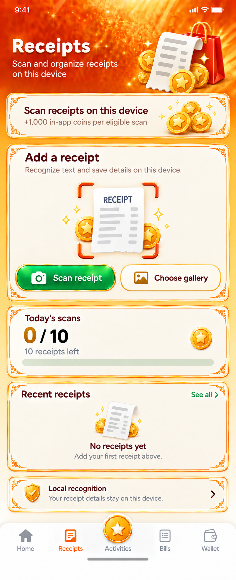 Bills Receipts receipt screen with scan, gallery, daily progress, and recent receipts