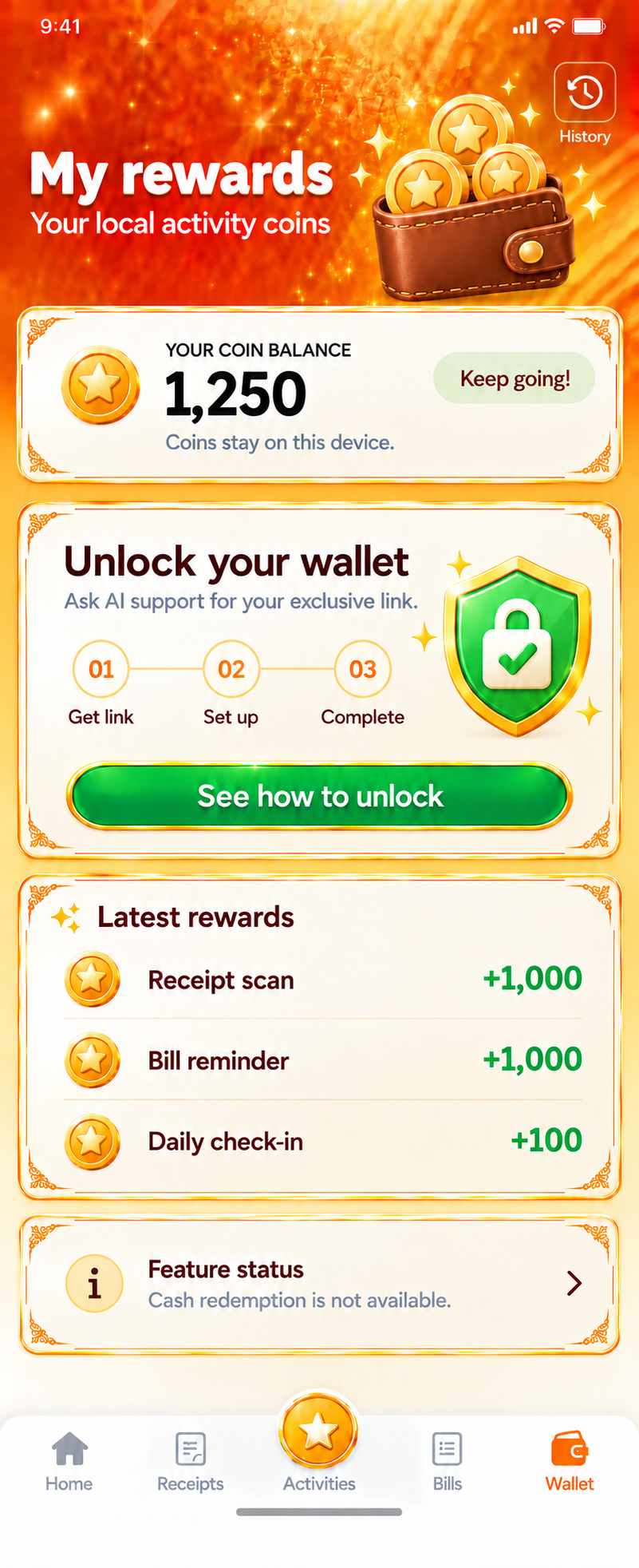 Bills Receipts wallet screen showing coin balance, withdrawal setup, latest rewards, and support